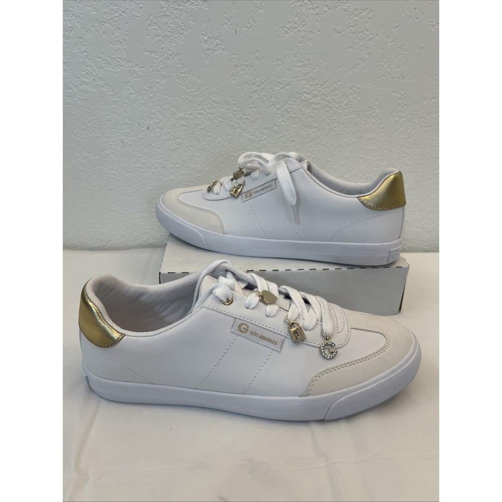 Guess Naoko White Gold Sneakers Womens 9.5M‎ Charms GB Packers Low Top Stunning